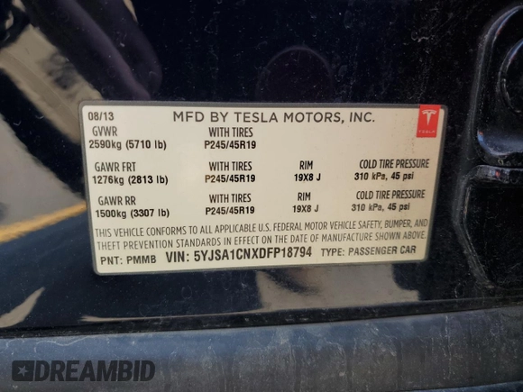 2013 Tesla Model S z VIN 5YJSA1CNXDFP18794, wystawiony jako Copart lot #65090105 z przebiegiem 168 102 mil mil oraz Czysty tytuł • Clean title. Historia ofert i sprzedaży dostępna na DreamBid. Obrazek 12.