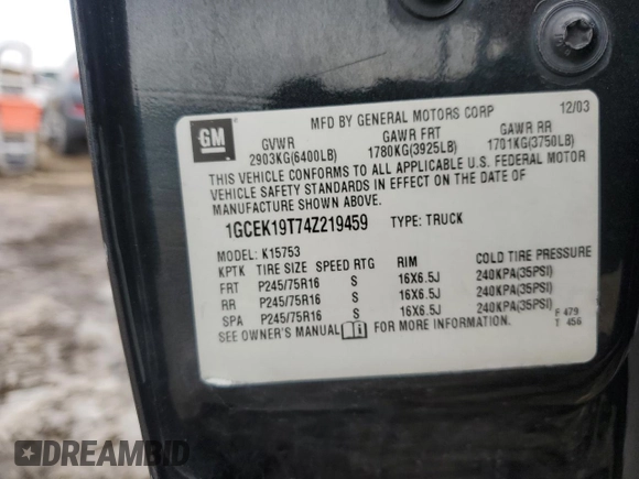 2004 Chevrolet Silverado 1500 with VIN 1GCEK19T74Z219459, listed as a Copart auction lot 44248835 with Not Provided miles and Salvage Title. Bid and sale history available at DreamBid. Image 14.