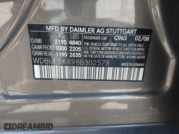 2008 Mercedes-Benz E-Class Luxury 3.5L with VIN WDBUF56X98B302578, listed as a IAAI auction lot 41959359 with 151,321 mi miles. Bid and sale history available at carsss.com. Image 9.