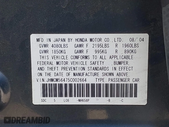 2005 Honda Accord LX z VIN JHMCM56475C002664, wystawiony jako IAAI lot #41968235 z przebiegiem 196 004 mil mil oraz . Historia ofert i sprzedaży dostępna na DreamBid. Obrazek 9.