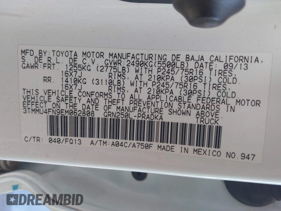 2014 Toyota Tacoma with VIN 3TMMU4FN9EM062808, listed as a IAAI auction lot 41450058 with 192,628 mi miles and . Bid and sale history available at DreamBid. Image 9.