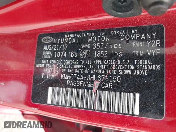 2017 Hyundai Accent SE with VIN KMHCT4AE3HU376150, listed as a IAAI auction lot 41943771 with 1 mi miles. Bid and sale history available at carsss.com. Image 9.
