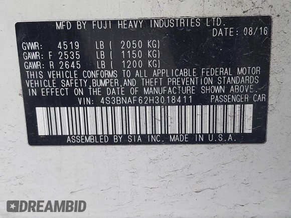 2017 Subaru Legacy Premium with VIN 4S3BNAF62H3018411, listed as a IAAI auction lot 42026594 with 144,834 mi miles. Bid and sale history available at carsss.com. Image 9.