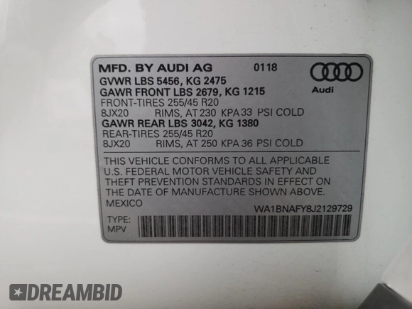 2018 Audi Q5 Premium Plus with VIN WA1BNAFY8J2129729, listed as a Copart auction lot 41141563 with 70,165 mi miles and . Bid and sale history available at DreamBid. Image 12.