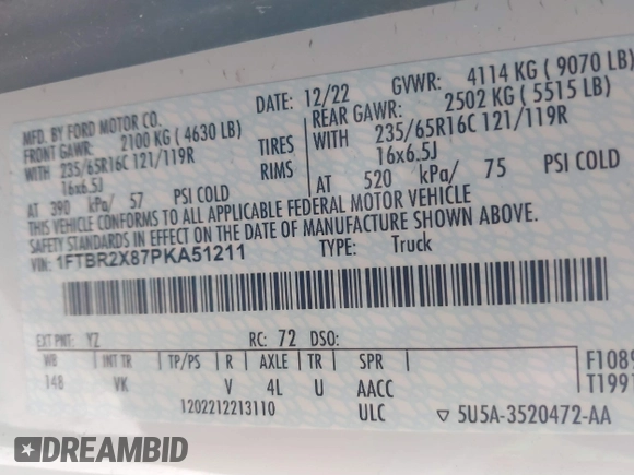 2023 Ford Transit Cargo with VIN 1FTBR2X87PKA51211, listed as a IAAI auction lot 41631315 with 42,688 mi miles and . Bid and sale history available at DreamBid. Image 9.