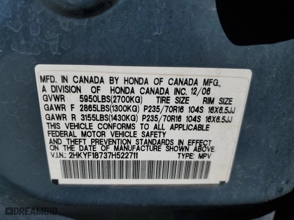 2007 Honda Pilot EX-L with VIN 2HKYF18737H522711, listed as a Copart auction lot 52812565 with 183,288 mi miles and Salvage Title. Bid and sale history available at carsss.com. Image 13.