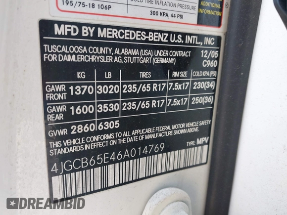 2006 Mercedes-Benz R 3.5L с VIN 4JGCB65E46A014769, выставлен на аукционе IAAI как лот 41152052 с пробегом 163 288 миль миль и . История ставок и продаж доступна на DreamBid. Изображение 9.