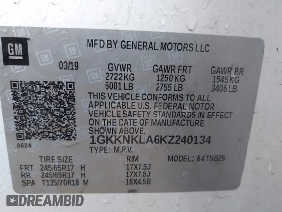 2019 GMC Acadia SLE z VIN 1GKKNKLA6KZ240134, wystawiony jako IAAI lot #42213288 z przebiegiem 83 155 mil mil oraz . Historia ofert i sprzedaży dostępna na DreamBid. Obrazek 9.