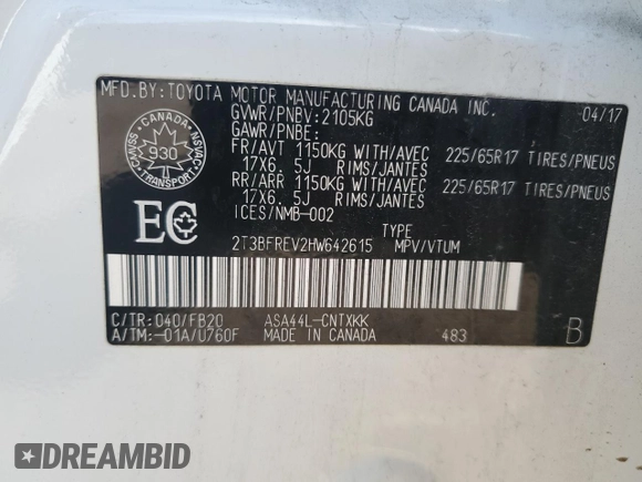2017 Toyota RAV4 LE с VIN 2T3BFREV2HW642615, выставлен на аукционе Copart как лот 61675785 с пробегом 151 805 миль миль и Чистый • Clean title. История ставок и продаж доступна на DreamBid. Изображение 14.
