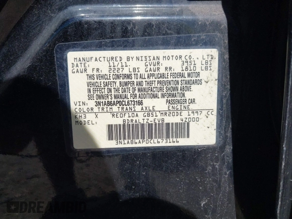 2012 Nissan Sentra S with VIN 3N1AB6AP0CL673166, listed as a IAAI auction lot 42133536 with 114,485 mi miles and . Bid and sale history available at DreamBid. Image 9.