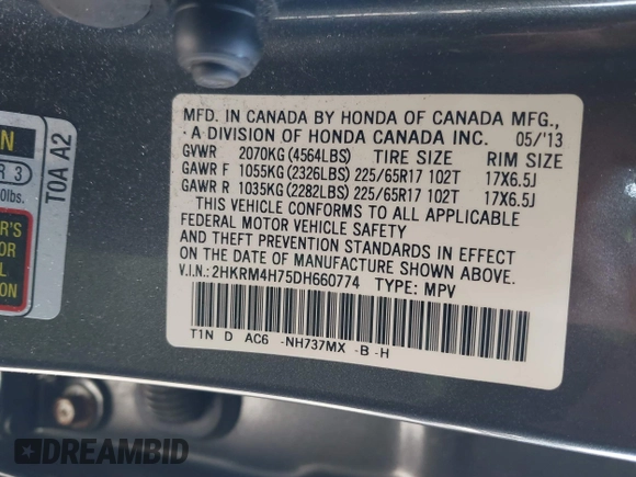 2013 Honda CR-V EX-L with VIN 2HKRM4H75DH660774, listed as a IAAI auction lot 41800719 with 166,647 mi miles. Bid and sale history available at carsss.com. Image 9.