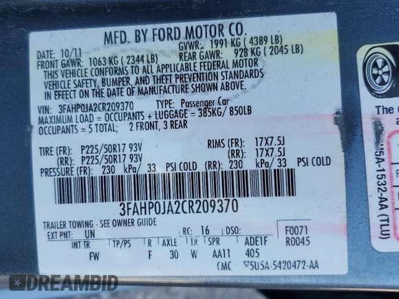2012 Ford Fusion SEL with VIN 3FAHP0JA2CR209370, listed as a Copart auction lot 52406615 with 128,036 mi miles and Salvage Title. Bid and sale history available at carsss.com. Image 13.