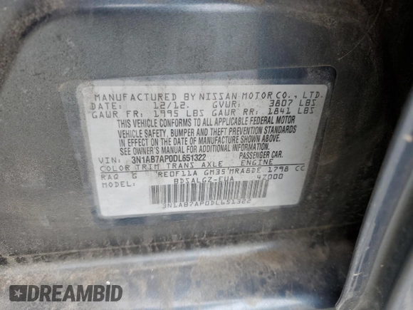 2013 Nissan Sentra FE+ S with VIN 3N1AB7AP0DL651322, listed as a Copart auction lot 50253405 with Not Provided miles and Clean Title. Bid and sale history available at DreamBid. Image 12.