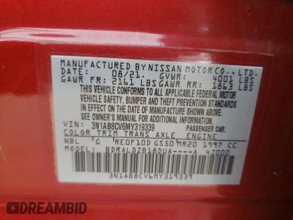 2021 Nissan Sentra SV with VIN 3N1AB8CV6MY319339, listed as a Copart auction lot 51380455 with 47,578 mi miles and Salvage Title. Bid and sale history available at DreamBid. Image 14.