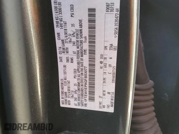 2016 Ford F-150 XLT with VIN 1FTEW1EP9GFB53077, listed as a Copart auction lot 53702715 with 164,599 mi miles and Clean title. Bid and sale history available at DreamBid. Image 12.