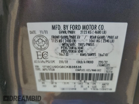 2012 Ford Escape XLT z VIN 1FMCU9DG8CKB35535, wystawiony jako Copart lot #60202675 z przebiegiem 205 750 mil mil oraz Szkoda całkowita • Salvage title. Historia ofert i sprzedaży dostępna na DreamBid. Obrazek 13.