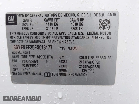 2015 Cadillac SRX Performance Collection with VIN 3GYFNFE35FS613177, listed as a IAAI auction lot 42102352 with Not provided miles and . Bid and sale history available at DreamBid. Image 9.