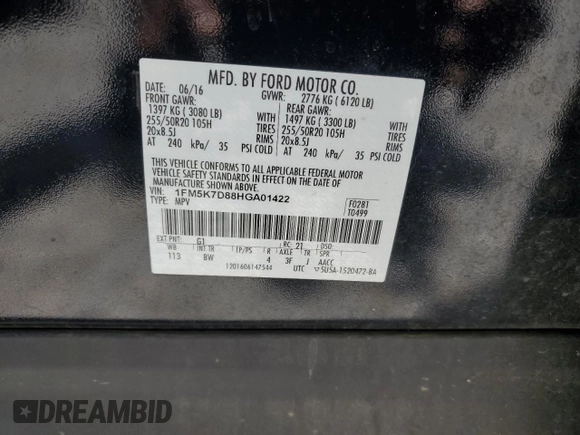 2017 Ford Explorer XLT с VIN 1FM5K7D88HGA01422, выставлен на аукционе Copart как лот 60721515 с пробегом 129 963 миль миль и Списание • Salvage title. История ставок и продаж доступна на DreamBid. Изображение 14.