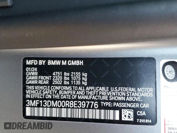 2024 BMW M2 with VIN 3MF13DM00R8E39776, listed as a Copart auction lot 81426484 with 0 mi miles and Salvage Title. Bid and sale history available at carsss.com. Image 14.