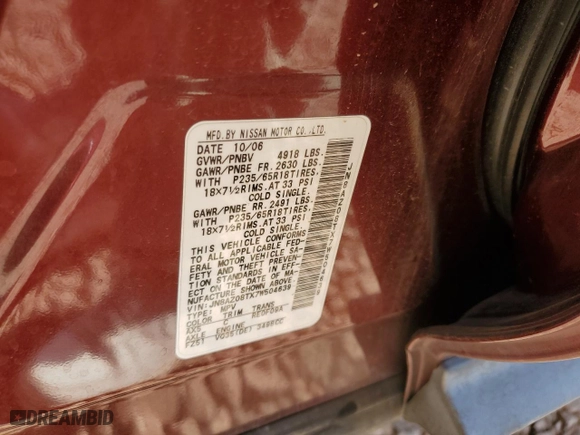2007 Nissan Murano S with VIN JN8AZ08TX7W504639, listed as a Copart auction lot 79750154 with 0 mi miles and Salvage Title. Bid and sale history available at carsss.com. Image 14.