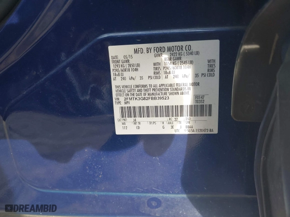 2015 Ford Edge SE with VIN 2FMTK3G82FBB39523, listed as a IAAI auction lot 41676457 with 248,375 mi miles. Bid and sale history available at carsss.com. Image 9.