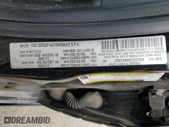2015 FIAT 500L Easy with VIN ZFBCFABHXFZ032109, listed as a Copart auction lot 83249964 with Not provided miles and Clean title. Bid and sale history available at DreamBid. Image 12.