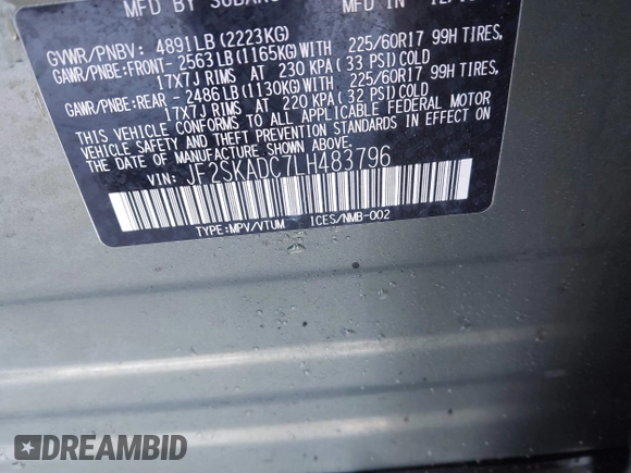 2020 Subaru Forester z VIN JF2SKADC7LH483796, wystawiony jako IAAI lot #41345292 z przebiegiem 53 690 mil mil oraz . Historia ofert i sprzedaży dostępna na DreamBid. Obrazek 9.