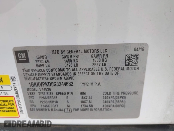 2016 GMC Acadia SLE with VIN 1GKKVPKD0GJ344682, listed as a IAAI auction lot 42357195 with 134,944 mi miles and . Bid and sale history available at DreamBid. Image 9.