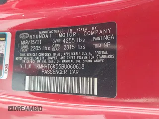 2011 Hyundai Genesis Coupe with VIN KMHHT6KD5BU060618, listed as a IAAI auction lot 42692857 with 131,540 mi miles and . Bid and sale history available at DreamBid. Image 9.
