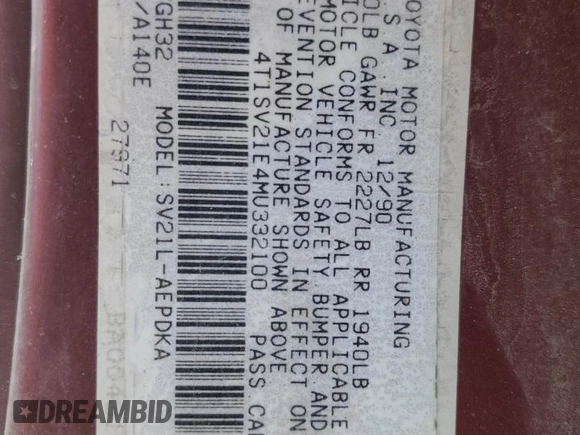 1991 Toyota Camry DLX z VIN 4T1SV21E4MU332100, wystawiony jako Copart lot #64645474 z przebiegiem 164 143 mil mil oraz Czysty tytuł • Clean title. Historia ofert i sprzedaży dostępna na DreamBid. Obrazek 15.