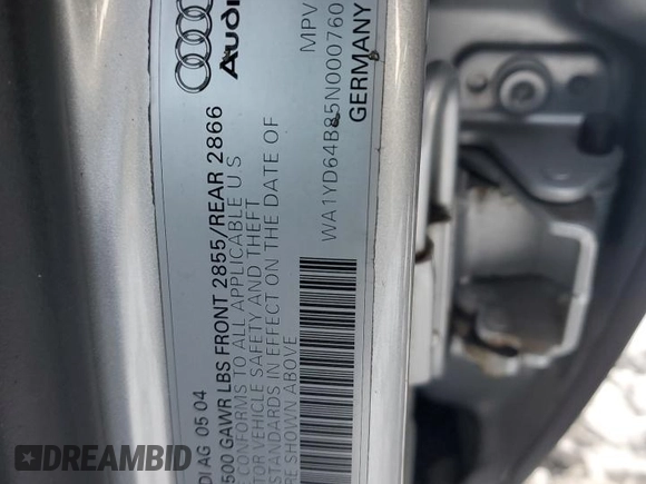 2005 Audi allroad A6 V8 with VIN WA1YD64B85N000760, listed as a Copart auction lot 85622844 with 137,580 mi miles and Salvage Title. Bid and sale history available at DreamBid. Image 12.