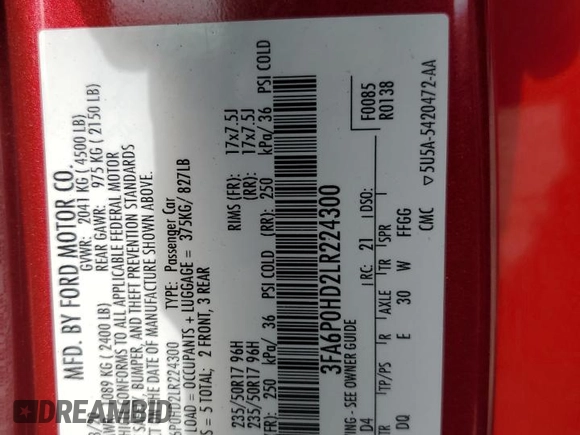 2020 Ford Fusion SE with VIN 3FA6P0HD2LR224300, listed as a Copart auction lot 56063025 with 43,468 mi miles and Salvage title. Bid and sale history available at DreamBid. Image 12.