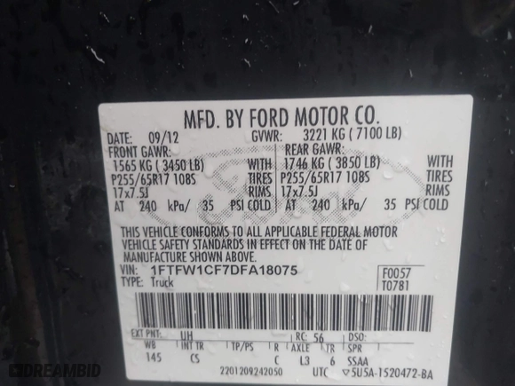 2013 Ford F-150 XL with VIN 1FTFW1CF7DFA18075, listed as a IAAI auction lot 41442280 with 208,606 mi miles. Bid and sale history available at carsss.com. Image 9.