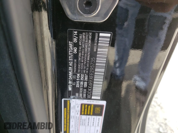 2015 Mercedes-Benz E 400 with VIN WDDKK6FFXFF295735, listed as a Copart auction lot 52134483 with 36,835 mi miles and Salvage title. Bid and sale history available at DreamBid. Image 14.