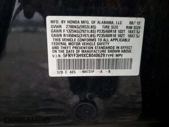 2012 Honda Pilot Touring with VIN 5FNYF3H9XCB040629, listed as a Copart auction lot 44800885 with 116,736 mi miles and Salvage Title. Bid and sale history available at carsss.com. Image 15.