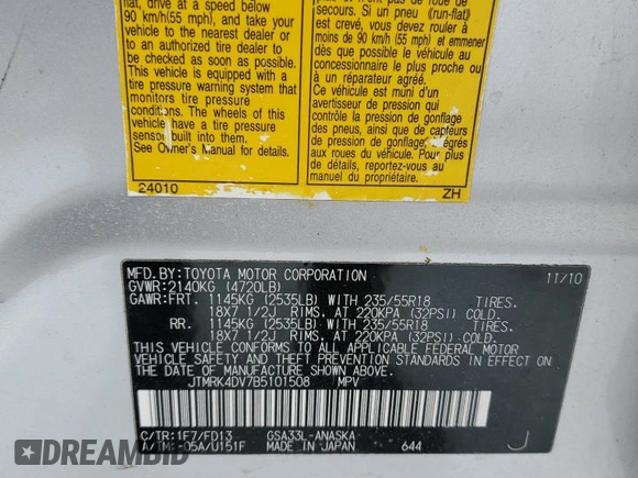2011 Toyota RAV4 Sport with VIN JTMRK4DV7B5101508, listed as a Copart auction lot 44310925 with 129,893 mi miles and Salvage Title. Bid and sale history available at carsss.com. Image 13.