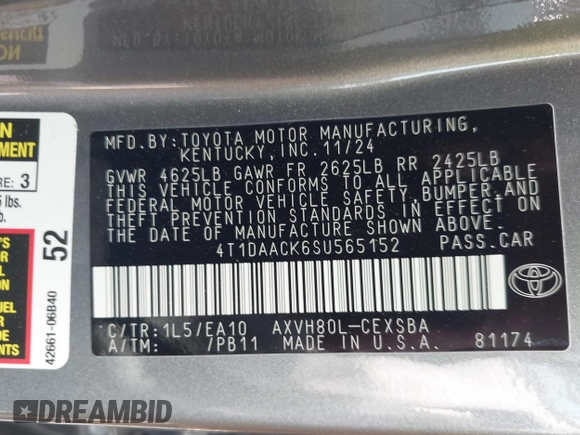 2025 Toyota Camry LE with VIN 4T1DAACK6SU565152, listed as a IAAI auction lot 41825174 with 297 mi miles and . Bid and sale history available at DreamBid. Image 9.