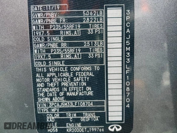 2020 Infiniti QX50 Essential z VIN 3PCAJ5M33LF108704, wystawiony jako Copart lot #49284725 z przebiegiem 45 691 mil mil oraz Szkoda całkowita • Salvage title. Historia ofert i sprzedaży dostępna na DreamBid. Obrazek 13.