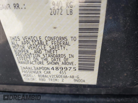 2013 Nissan Altima SV with VIN 1N4AL3AP0DN489975, listed as a IAAI auction lot 41797596 with 171,151 mi miles and . Bid and sale history available at carsss.com. Image 9.