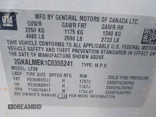 2012 GMC Terrain SLE-1 with VIN 2GKALMEK1C6355241, listed as a IAAI auction lot 42345392 with 163,690 mi miles and . Bid and sale history available at DreamBid. Image 9.