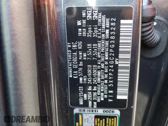 2023 Kia Telluride LX with VIN 5XYP24GC2PG383282, listed as a Copart auction lot 80385864 with 39,272 mi miles and Non repairable. Bid and sale history available at DreamBid. Image 15.