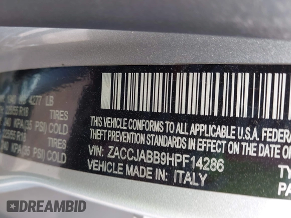 2017 Jeep Renegade Latitude with VIN ZACCJABB9HPF14286, listed as a IAAI auction lot 42042956 with 79,521 mi miles. Bid and sale history available at carsss.com. Image 9.