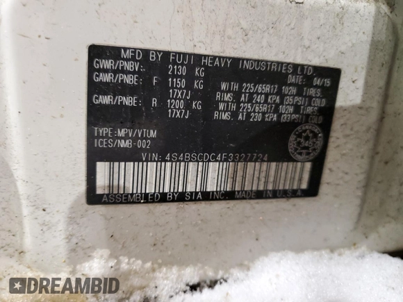 2015 Subaru Outback with VIN 4S4BSCDC4F3327724, listed as a Copart auction lot 84932664 with 236,814 mi miles and Salvage title. Bid and sale history available at DreamBid. Image 12.