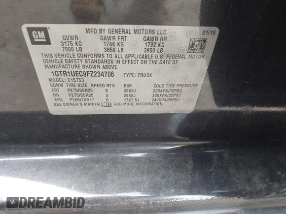 2015 GMC Sierra 1500 SLE z VIN 1GTR1UEC9FZ234706, wystawiony jako IAAI lot #42129810 z przebiegiem 167 880 mil mil oraz . Historia ofert i sprzedaży dostępna na DreamBid. Obrazek 9.