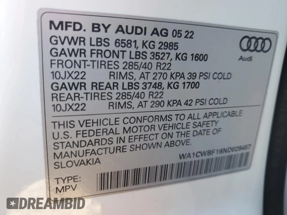 2022 Audi SQ8 Prestige z VIN WA1CWBF16ND026457, wystawiony jako Copart lot #84327434 z przebiegiem 24 770 mil mil oraz Szkoda całkowita • Salvage title. Historia ofert i sprzedaży dostępna na DreamBid. Obrazek 13.