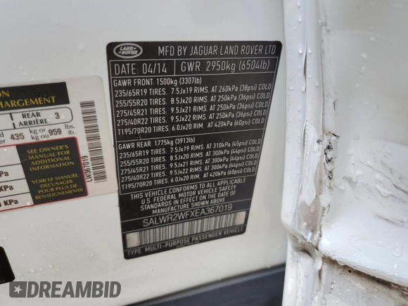 2014 Land Rover Range Rover Sport HSE with VIN SALWR2WFXEA367019, listed as a Copart auction lot 54093795 with 116,096 mi miles and Salvage title. Bid and sale history available at DreamBid. Image 13.