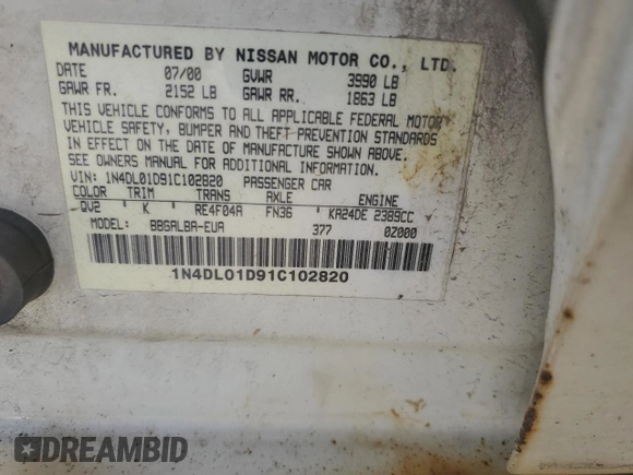 2001 Nissan Altima GXE with VIN 1N4DL01D91C102820, listed as a Copart auction lot 66953694 with 138,634 mi miles and Salvage Title. Bid and sale history available at carsss.com. Image 15.