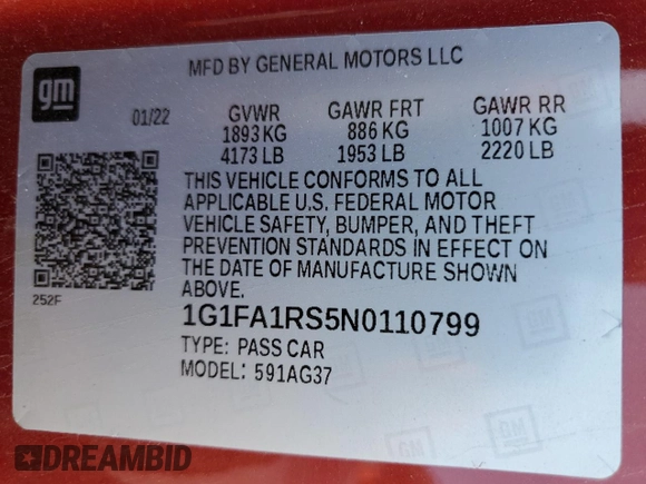 2022 Chevrolet Camaro 1LT with VIN 1G1FA1RS5N0110799, listed as a Copart auction lot 77024024 with Not Provided miles and Salvage Title. Bid and sale history available at DreamBid. Image 12.