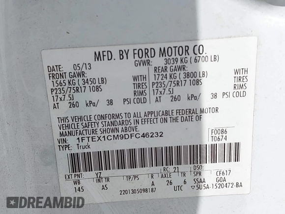 2013 Ford F-150 XL z VIN 1FTEX1CM9DFC46232, wystawiony jako IAAI lot #42032421 z przebiegiem 277 066 mil mil oraz . Historia ofert i sprzedaży dostępna na DreamBid. Obrazek 9.