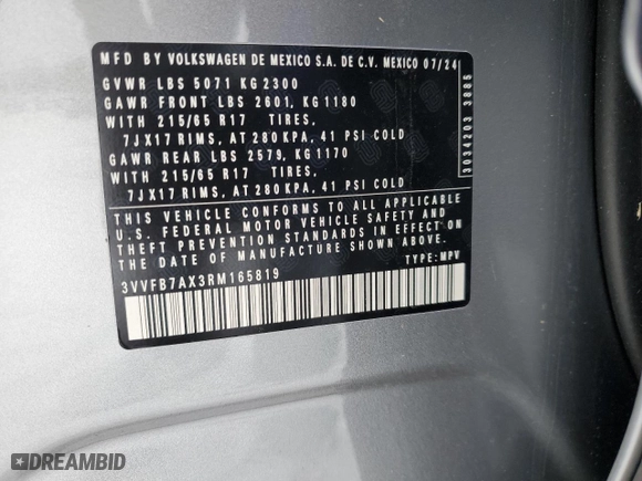 2024 Volkswagen Tiguan S with VIN 3VVFB7AX3RM165819, listed as a Copart auction lot 44740345 with 0 mi miles and Salvage Title. Bid and sale history available at carsss.com. Image 13.